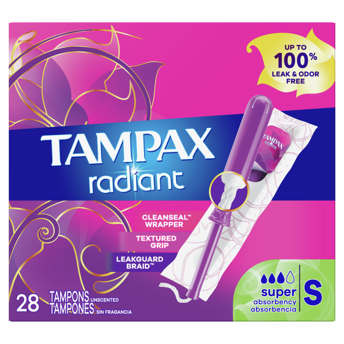 Tampax Radiant Tampons Super Absorbency, Unscented - 28ct/6pk
