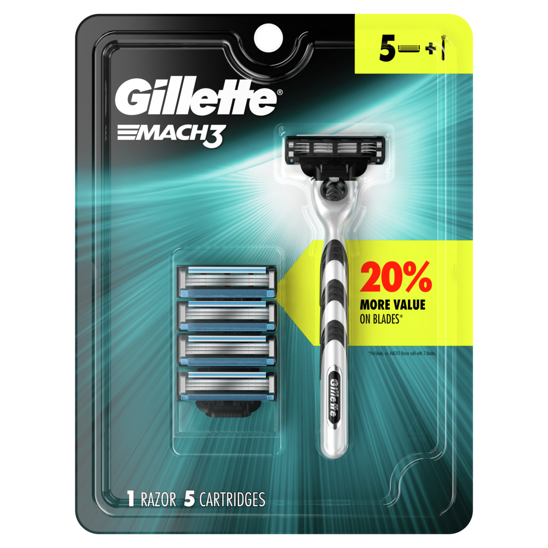 Gillette Mach3 Men's Razor Handle + 5 Blade Refills /6pk