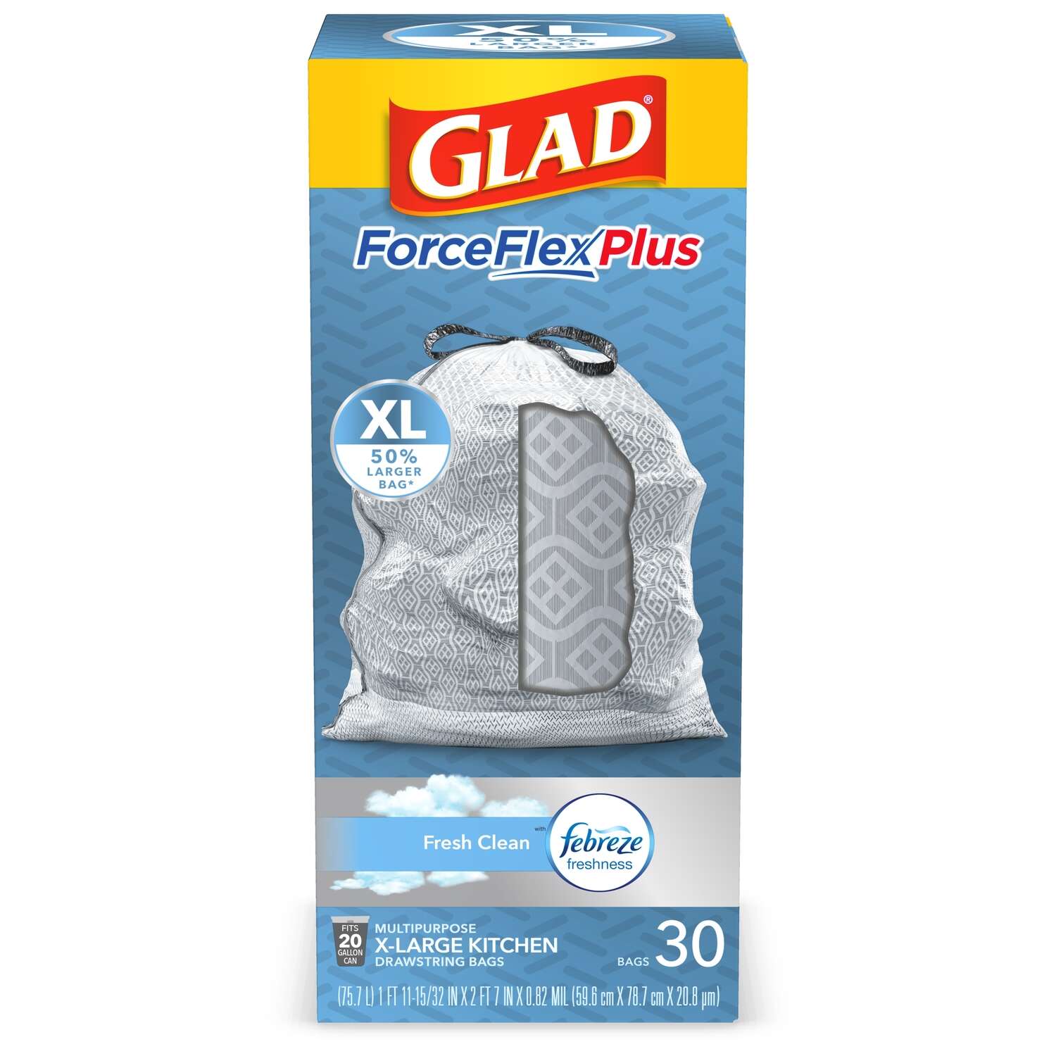 Glad ForceFlex Kitchen Pro Drawstring Fresh Clean Odor Shield 20 Gallon - 30ct/6pk