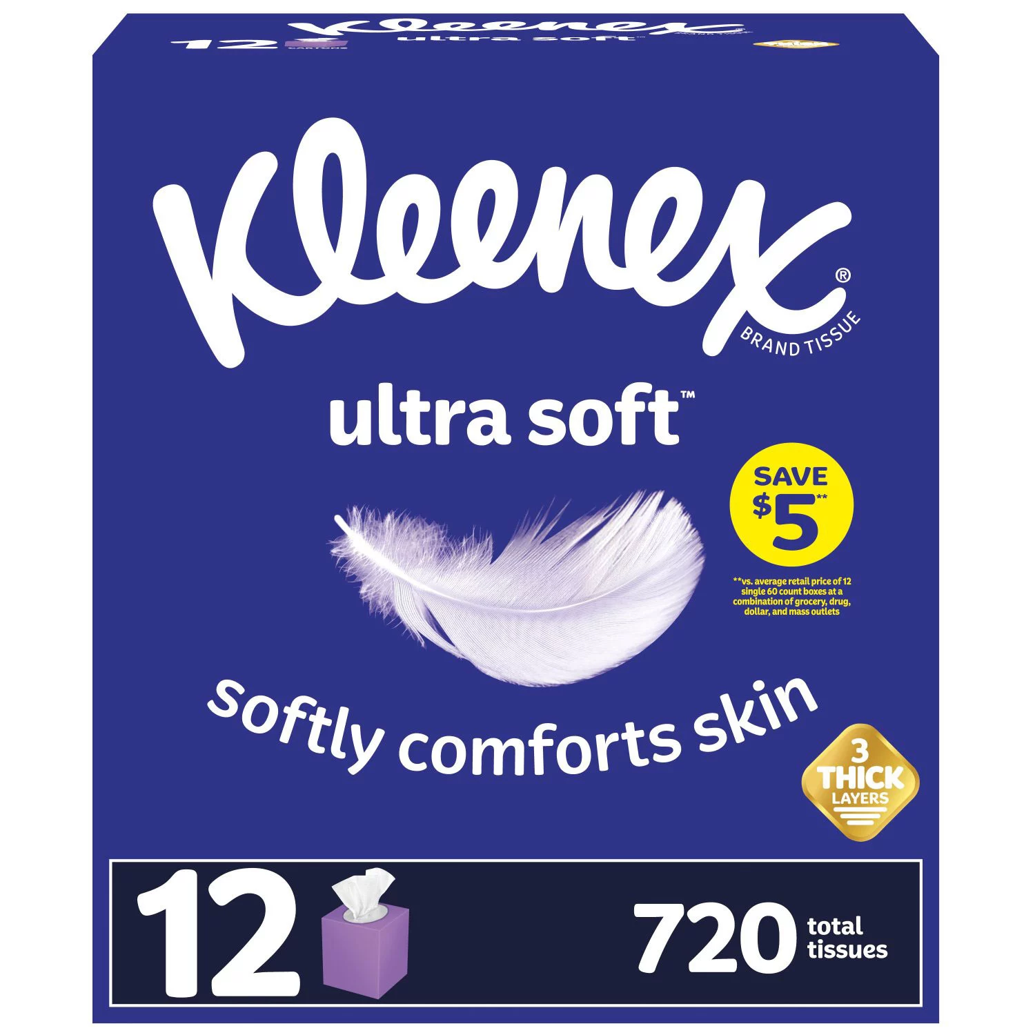 Kleenex Ultra Soft 3-Ply Facial Tissues - Cube Boxes 60ct/12pk