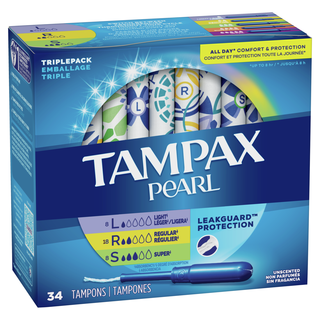 Tampax Pearl Trio Pack, Light/Regular/Super Unscented - 34ct/6pk