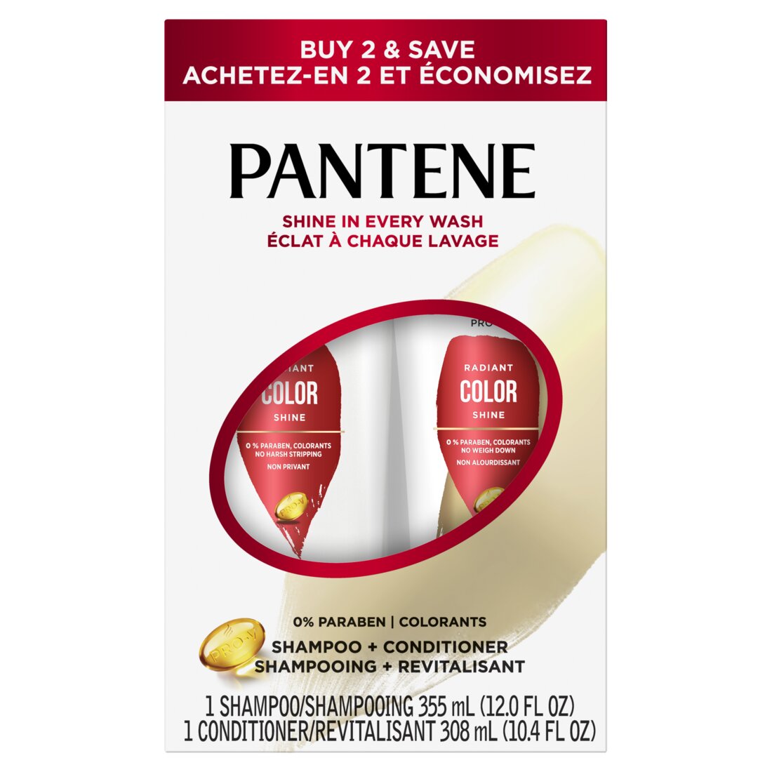 PANTENE PRO-V Radiant Color Shine Shampoo 12oz + Conditioner - 10.4oz/4pk
