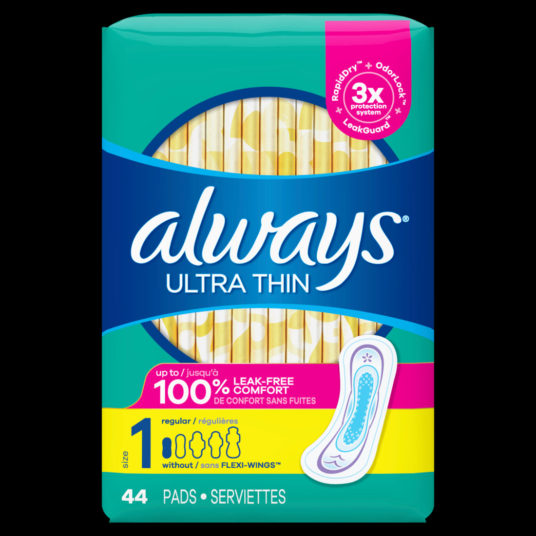 Always Ultra Thin Daytime Pads with Wings Size 1 Regular, Unscented - 44ct/3pk