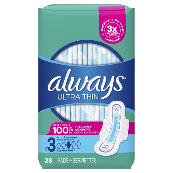 Always Ultra Thin Daytime Pads with Wings Size 3 Extra Heavy Long Unscented - 28 ct/3pk