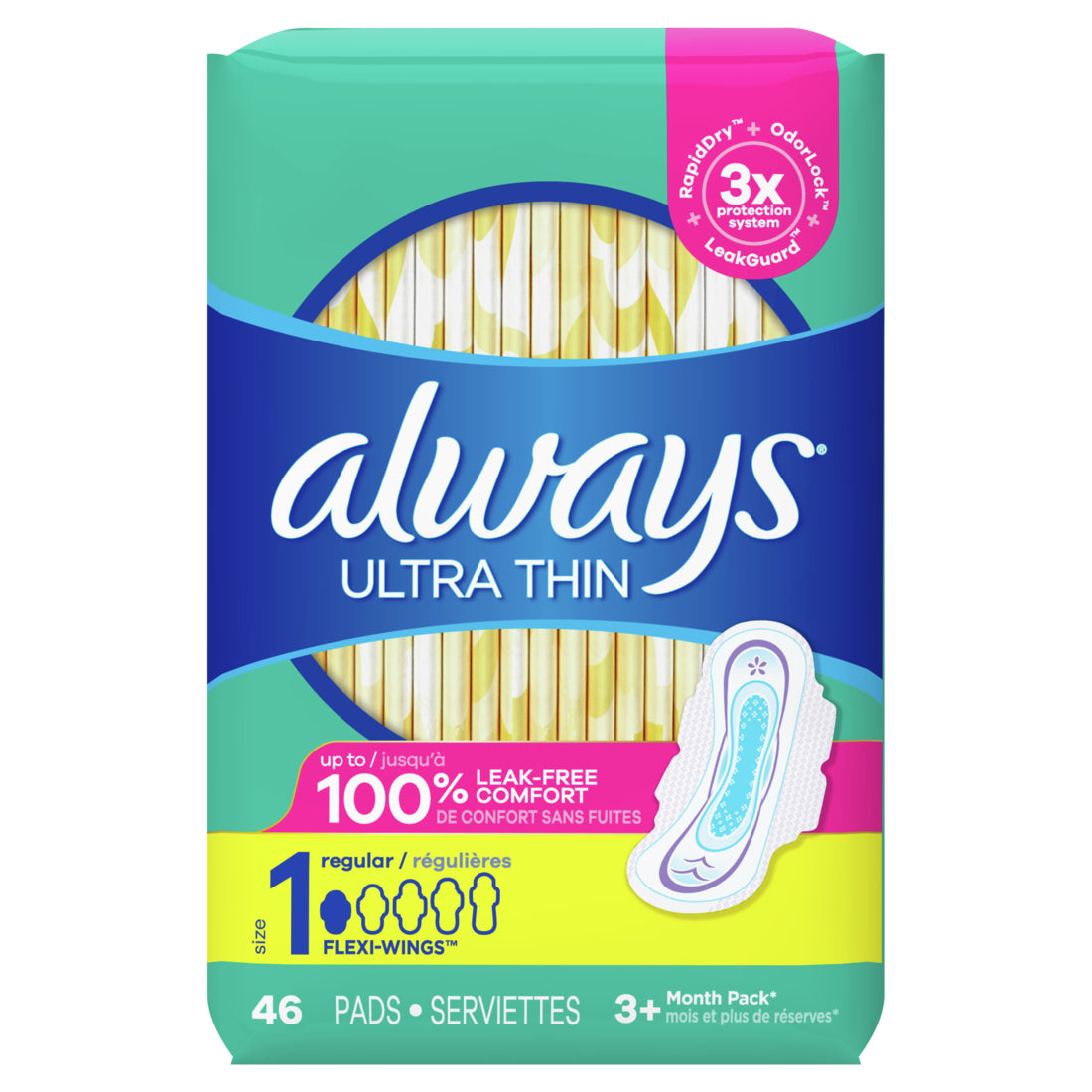 Always Ultra Thin Daytime Pads with Wings Size 1 Regular Unscented - 46 ct/6pk