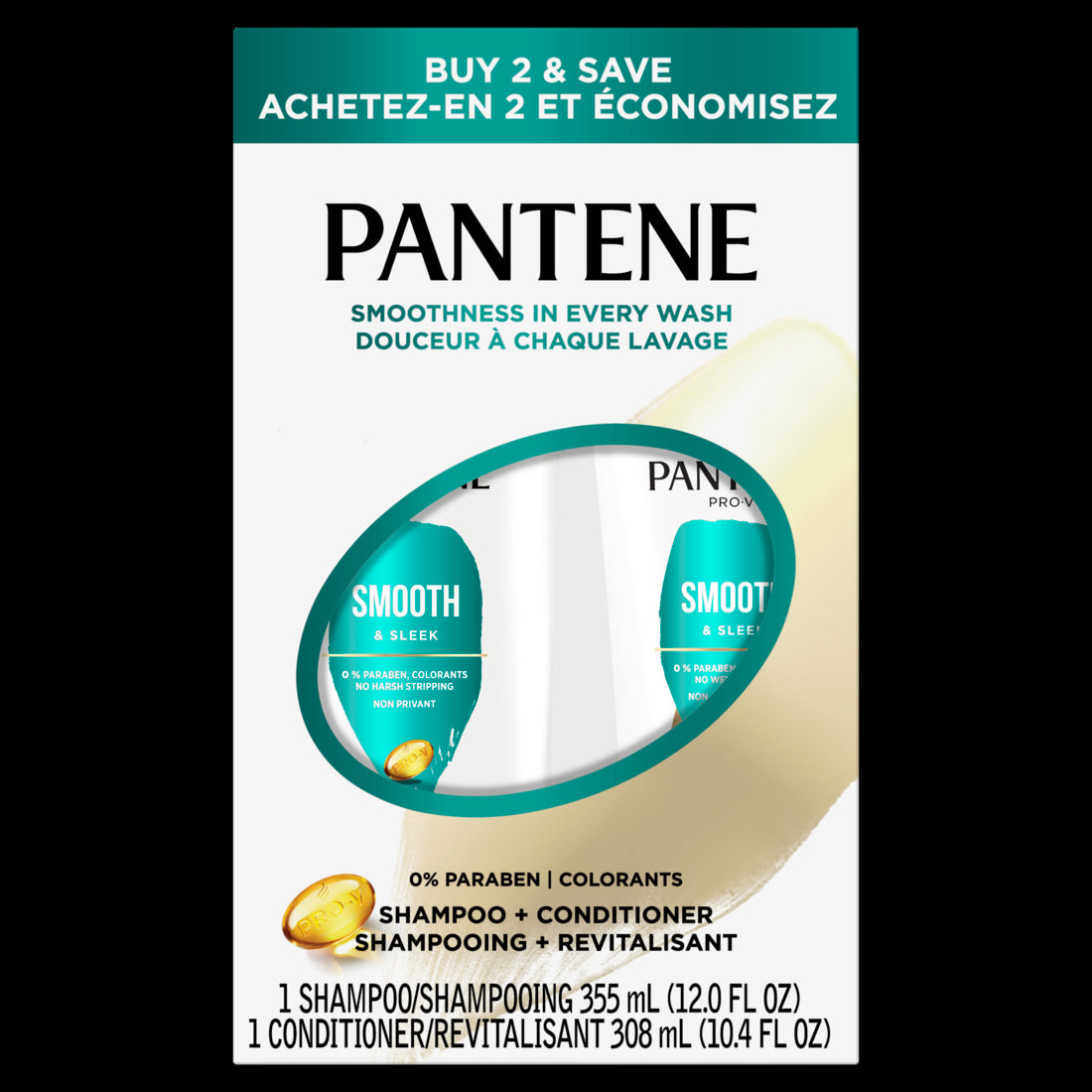 PANTENE PRO-V Smooth & Sleek Shampoo 12oz + Conditioner - 10.4oz/4pk