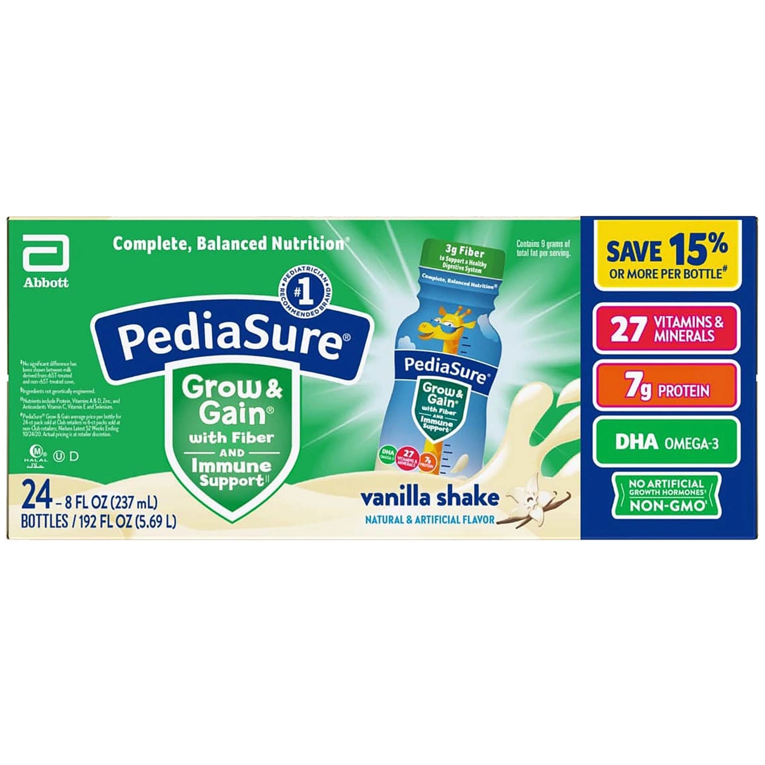 PediaSure Grow and Gain Nutritional Shake with Fiber for Kids Vanilla - 8oz/24pk