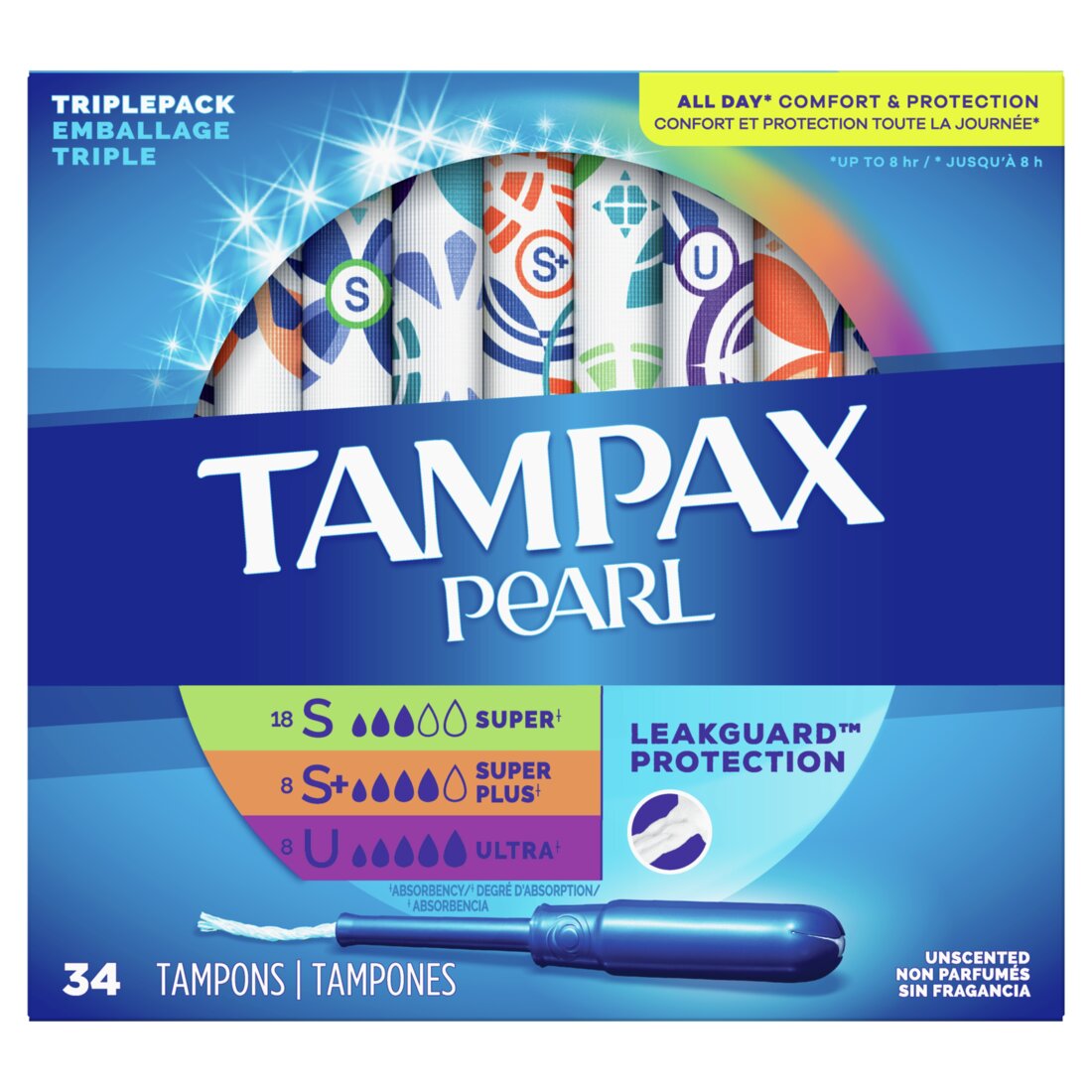 Tampax Pearl Tampons Trio Pack Super/Super Plus/Ultra Absorbency Unscented - 34ct/6pk