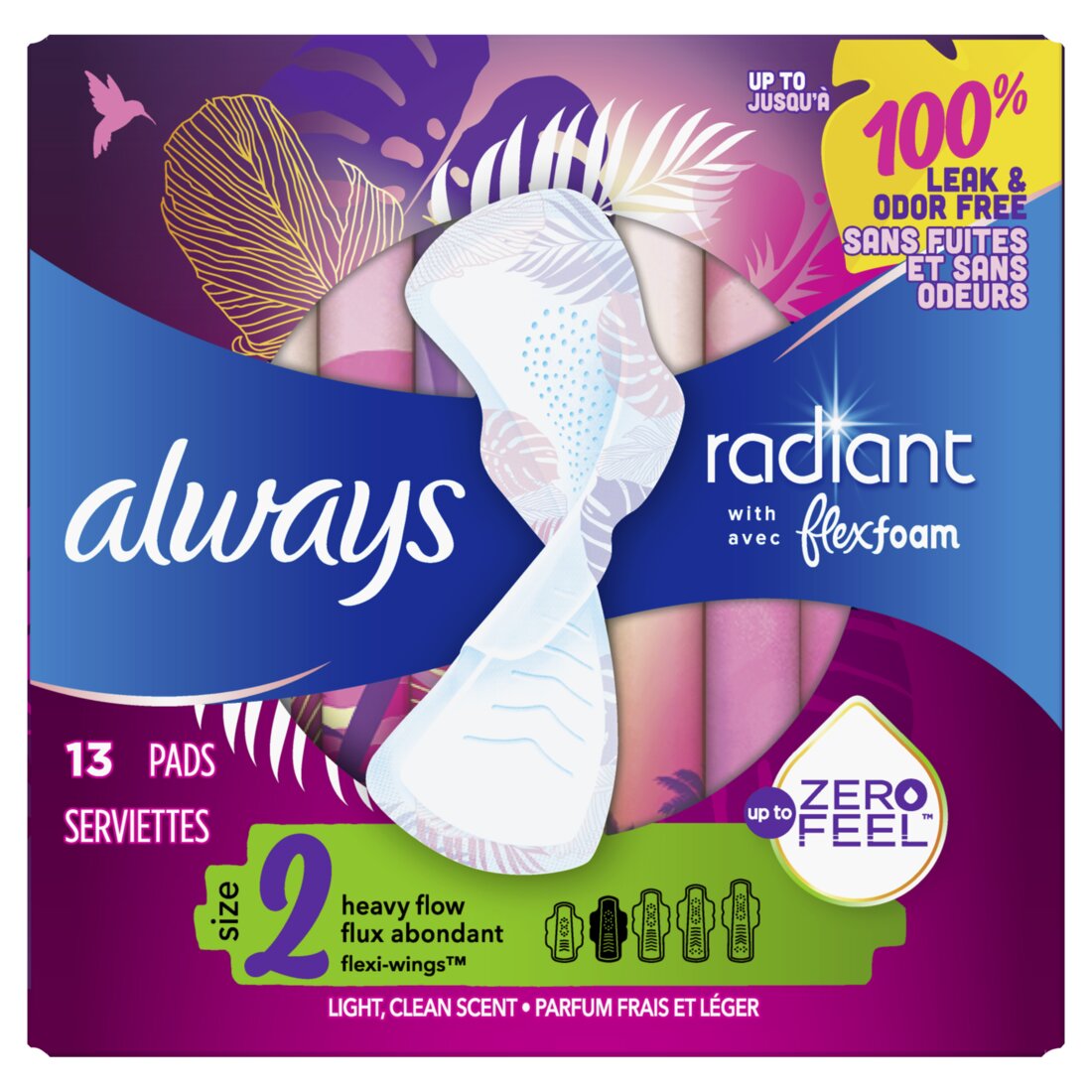 Always Radiant Feminine Pads for Women Size 2 Heavy with wings scented - 13ct/6pk