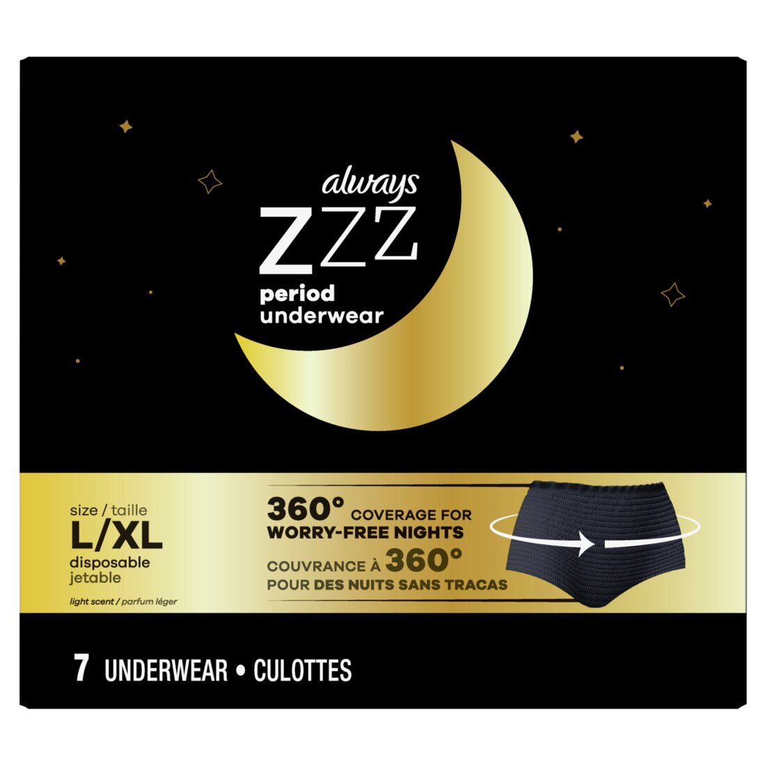 Always ZZZ Overnight Disposable Period Underwear for Women Size LG 360 Coverage - 7ct/2pk