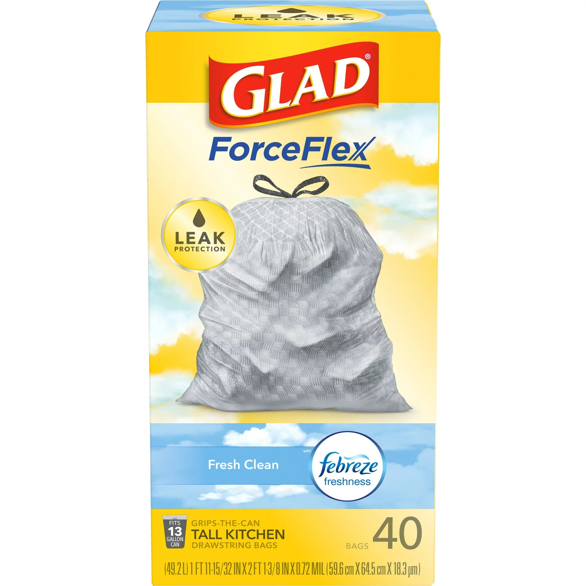Glad ForceFlex Tall Kitchen Trash Bags 13 Gallon (Fresh Clean Scent) - 40ct/6pk
