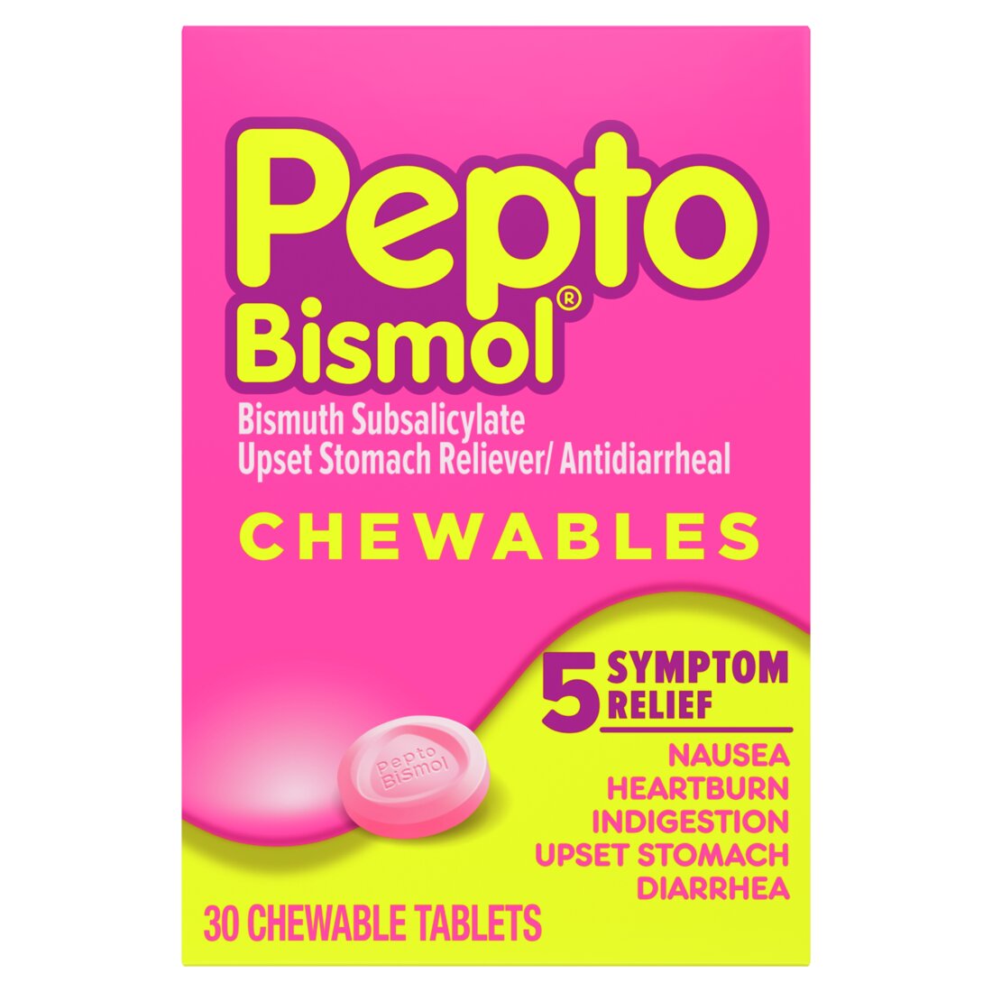 Pepto Bismol Chewable Tablets for 5 Symptom Fast Relief Original Flavor - 30ct/24pk