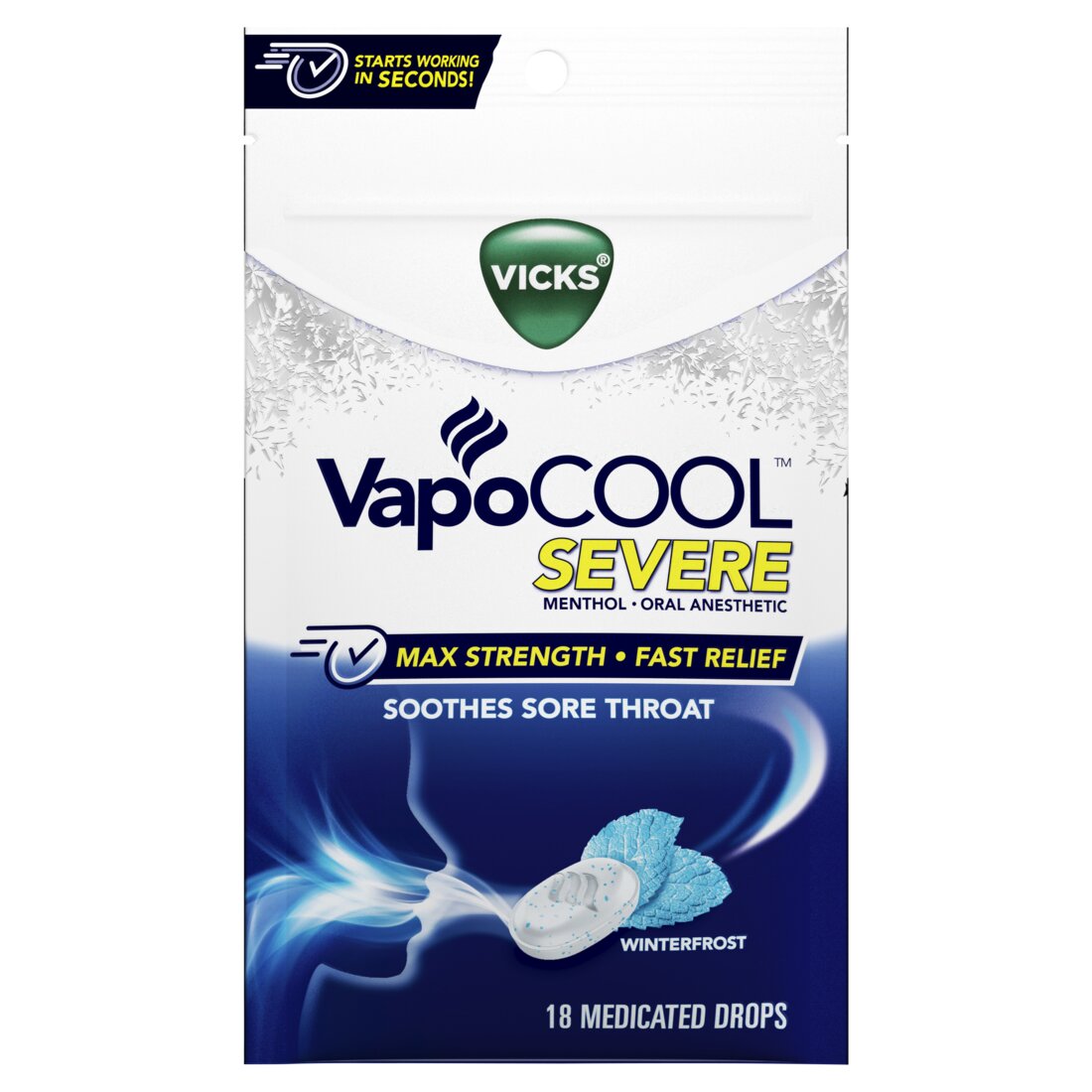 Vicks VapoCOOL SEVERE Medicated Sore Throat Drops Winterfrost Flavor - 18ct/12pk