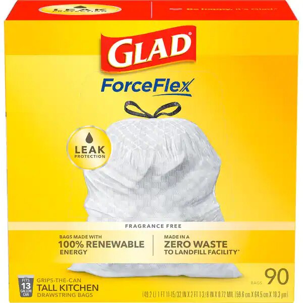 Glad Tall Kitchen Drawstring White 13 Gallon - 90ct/4pk