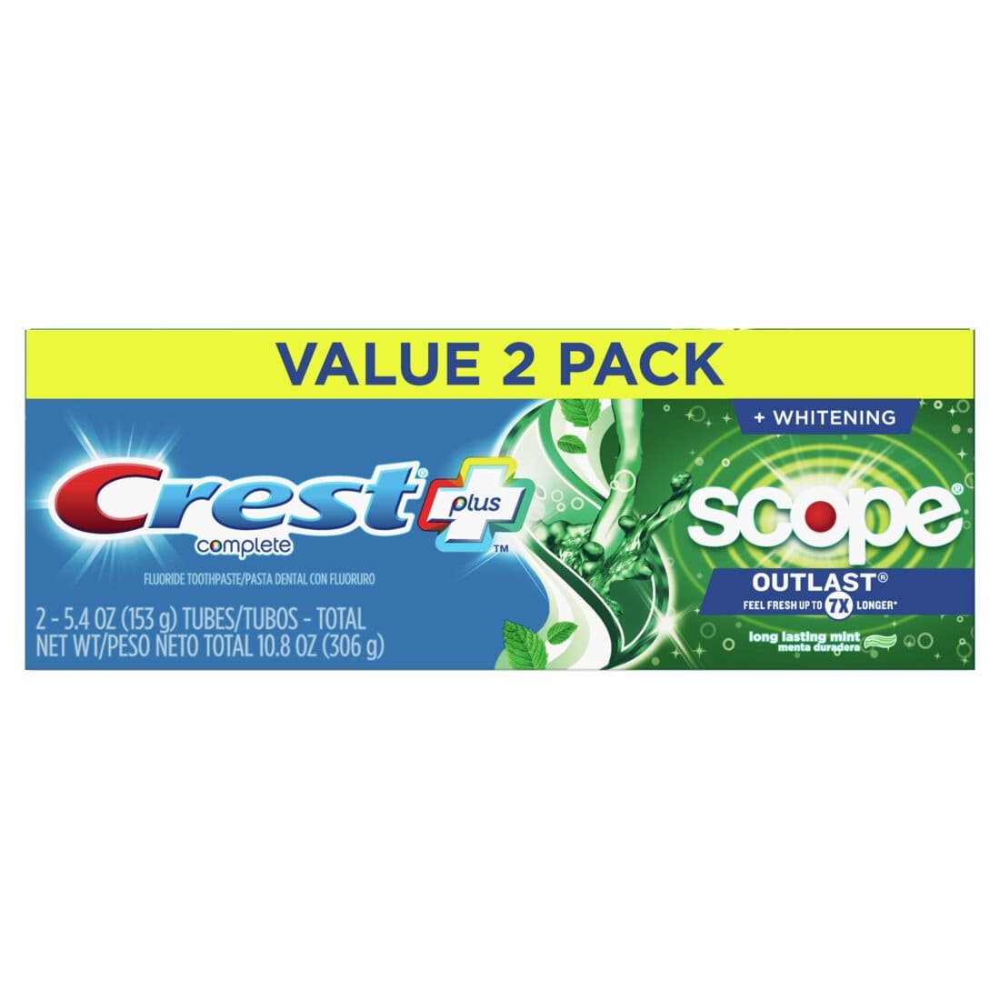 Crest + Scope Outlast Complete Whitening Toothpaste Mint (2 pack) - 5.4oz/6pk