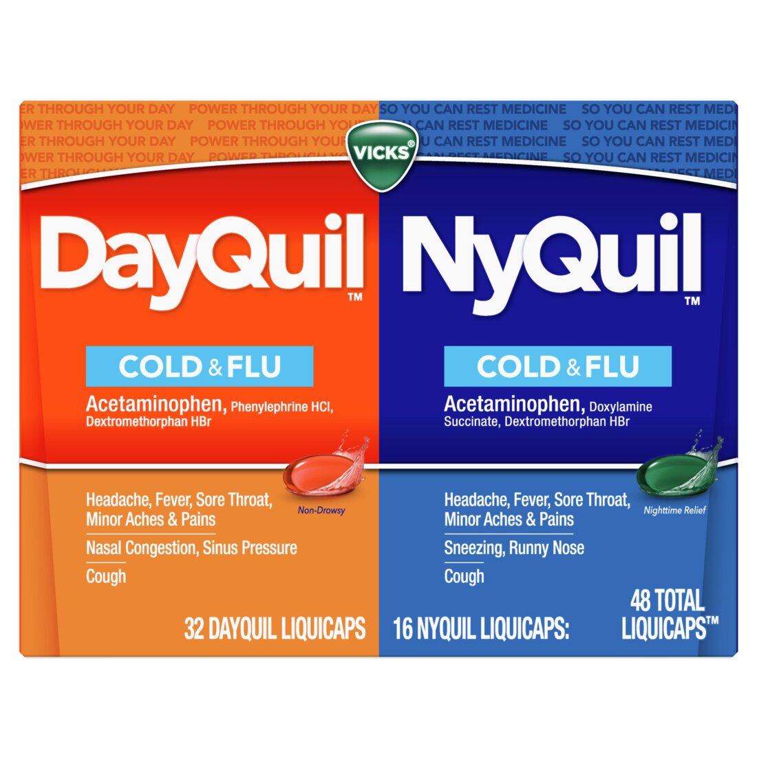 Vicks DayQuil and NyQuil Combo Pack Cold & Flu Medicine (32 DayQuil+16 NyQuil) - 48ct/12pk