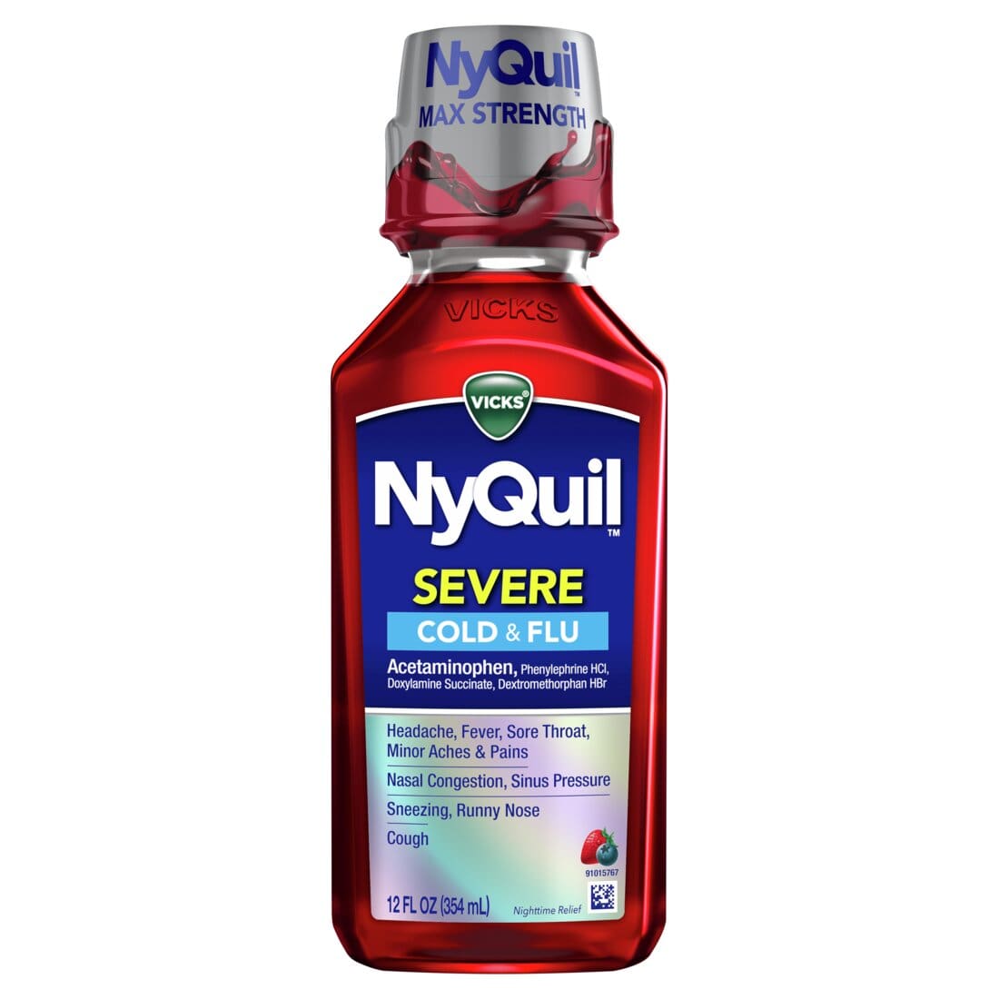 Vicks NyQuil SEVERE Cold Flu and Congestion Medicine Maximum Strength Berry Flavor - 12oz/12pk