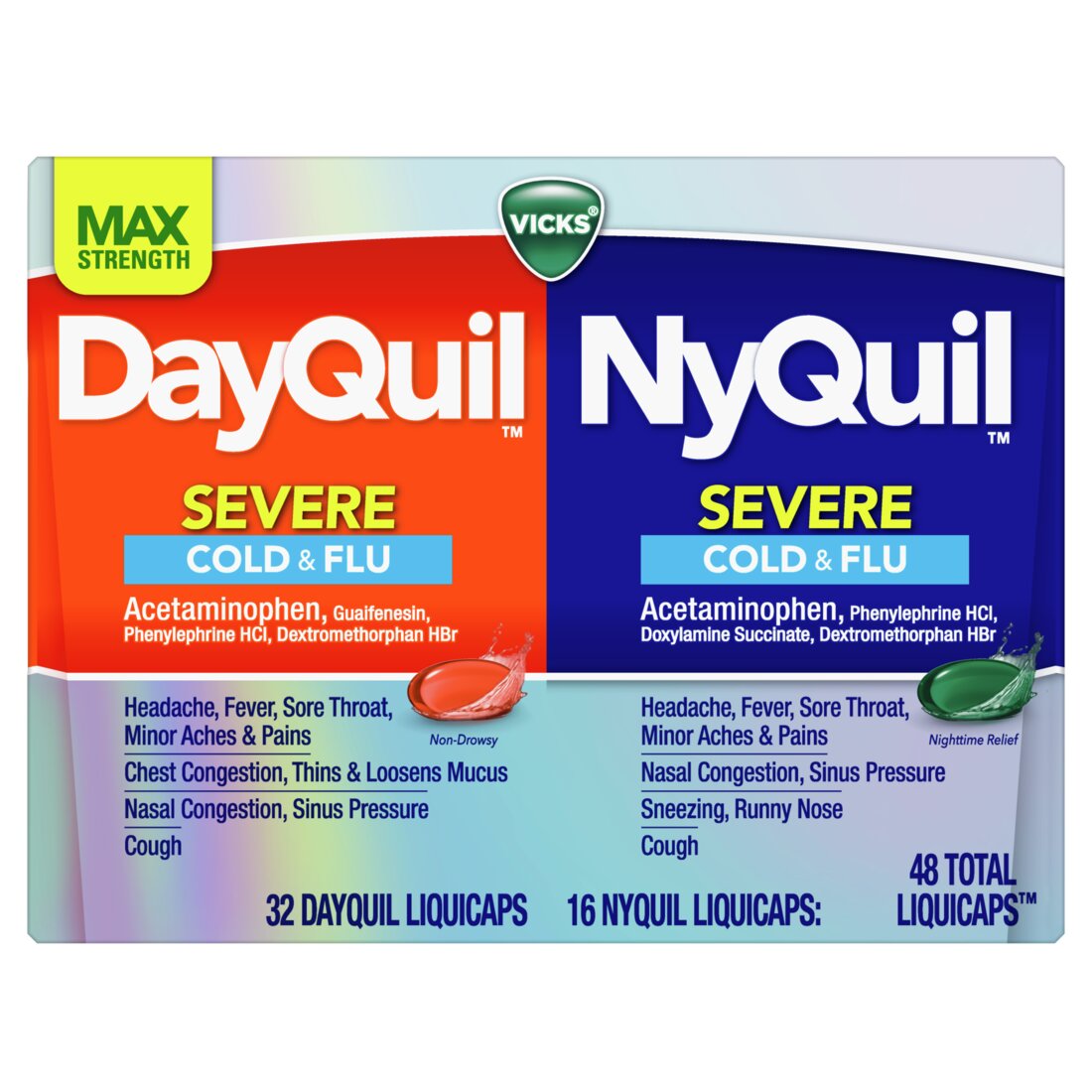 Vicks DayQuil and NyQuil SEVERE Combo Cold & Flu Medicine (32 DayQuil+16 NyQuil) - 48ct/12pk