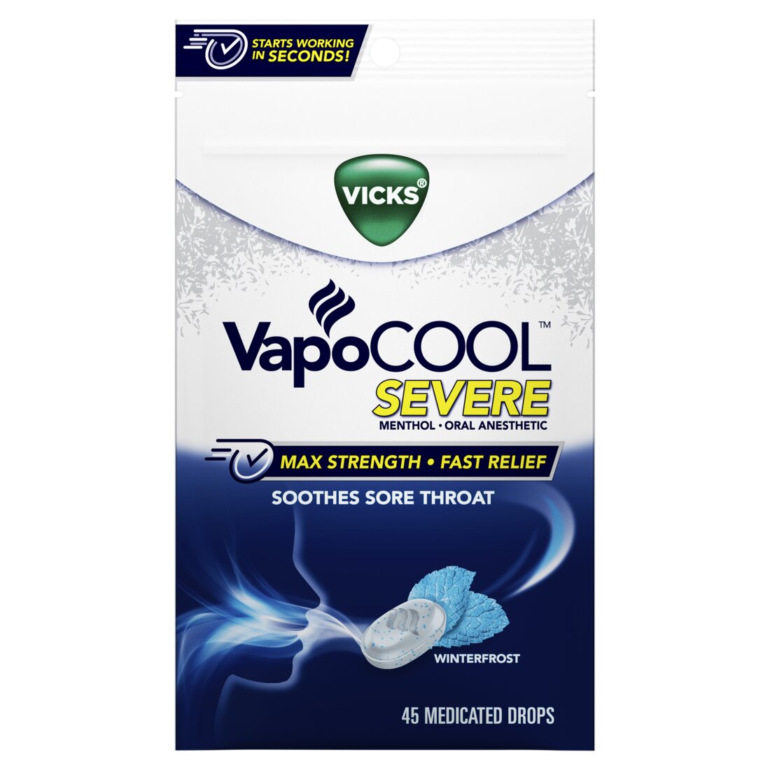 Vicks VapoCOOL SEVERE Medicated Sore Throat Drops Fast-Acting Max Strength Winterfrost - 45ct/9pk