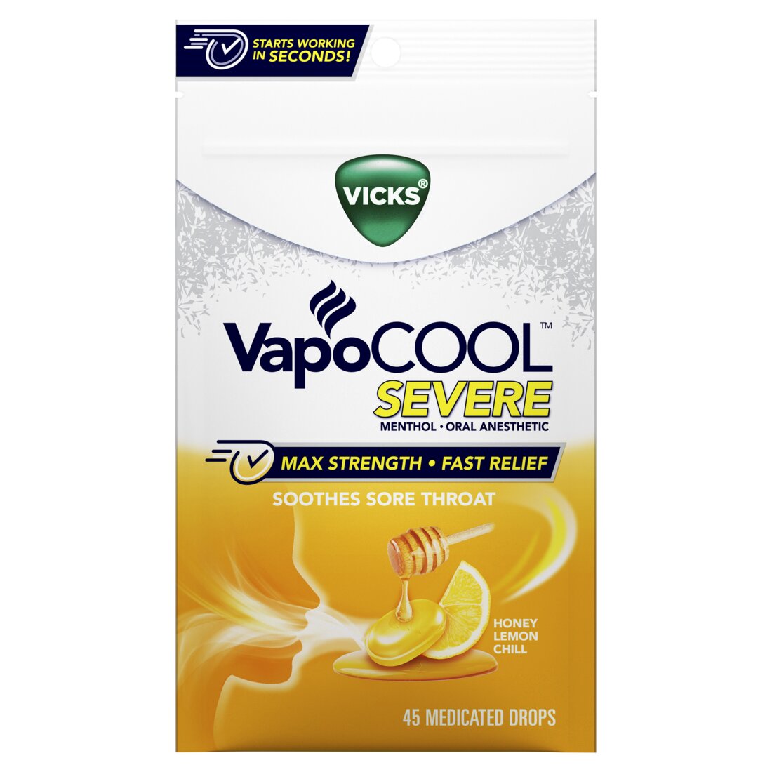 Vicks VapoCOOL SEVERE Medicated Sore Throat Drops Fast-Acting Max Strength Honey Lemon Chill - 18ct/9pk