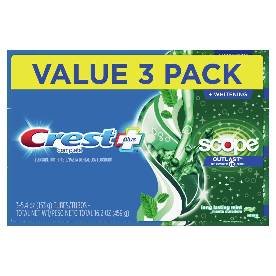 Crest + Scope Outlast Complete Whitening Toothpaste Mint Fresh Pack of 3 - 5.4oz/4pk