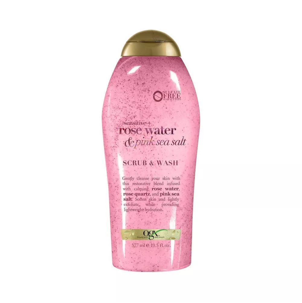 OGX Sensitive + Rose Water & Pink Sea Salt Sulfate Body Scrub & Wash - 19.5oz/4pk