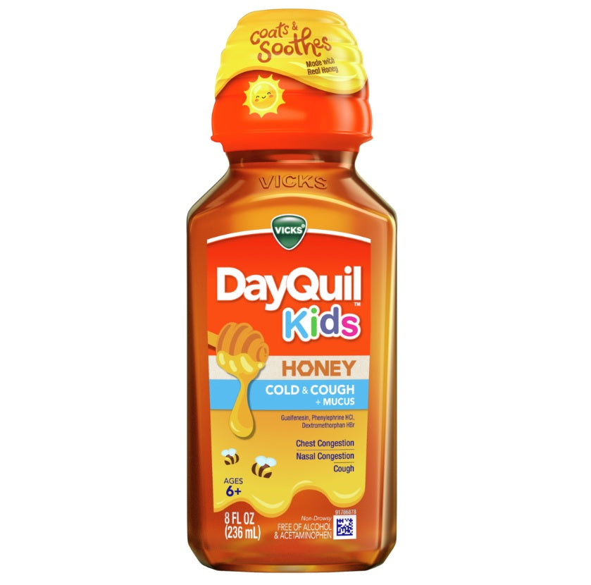 Vicks Kids DayQuil Honey Cold & Cough + Mucus Relief For Children Ages 6+ Real Honey - 8oz/12pk