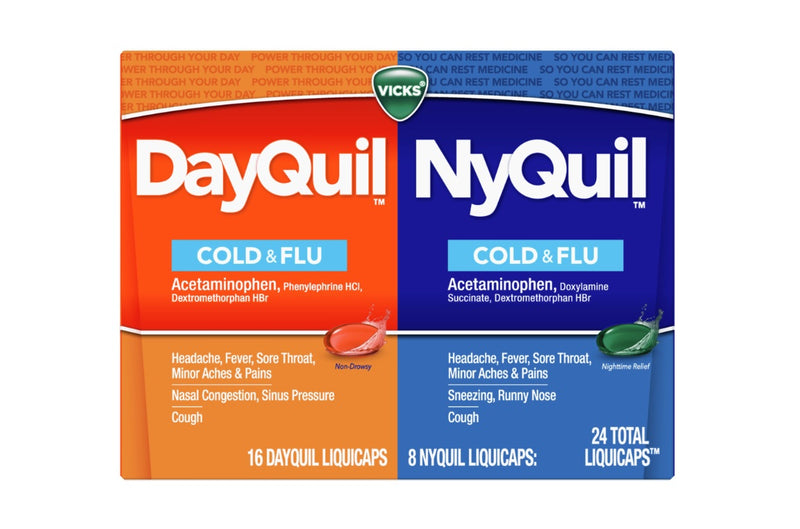 Vicks DayQuil and NyQuil Combo Pack Cold & Flu Medicine (16 DayQuil+ 8 NyQuil) - 24ct/12pk
