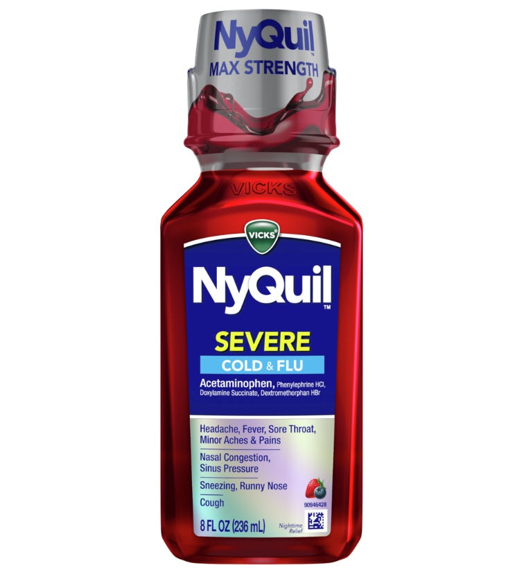 Vicks NyQuil SEVERE Cold Flu and Congestion Medicine Nighttime Relief Berry Flavor - 8oz/12pk