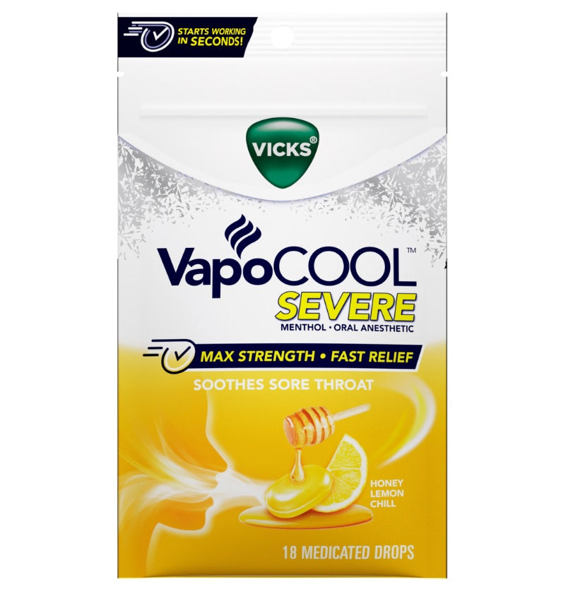 Vicks VapoCOOL SEVERE Medicated Sore Throat Drops Honey Lemon Chill Flavor - 18ct/12pk