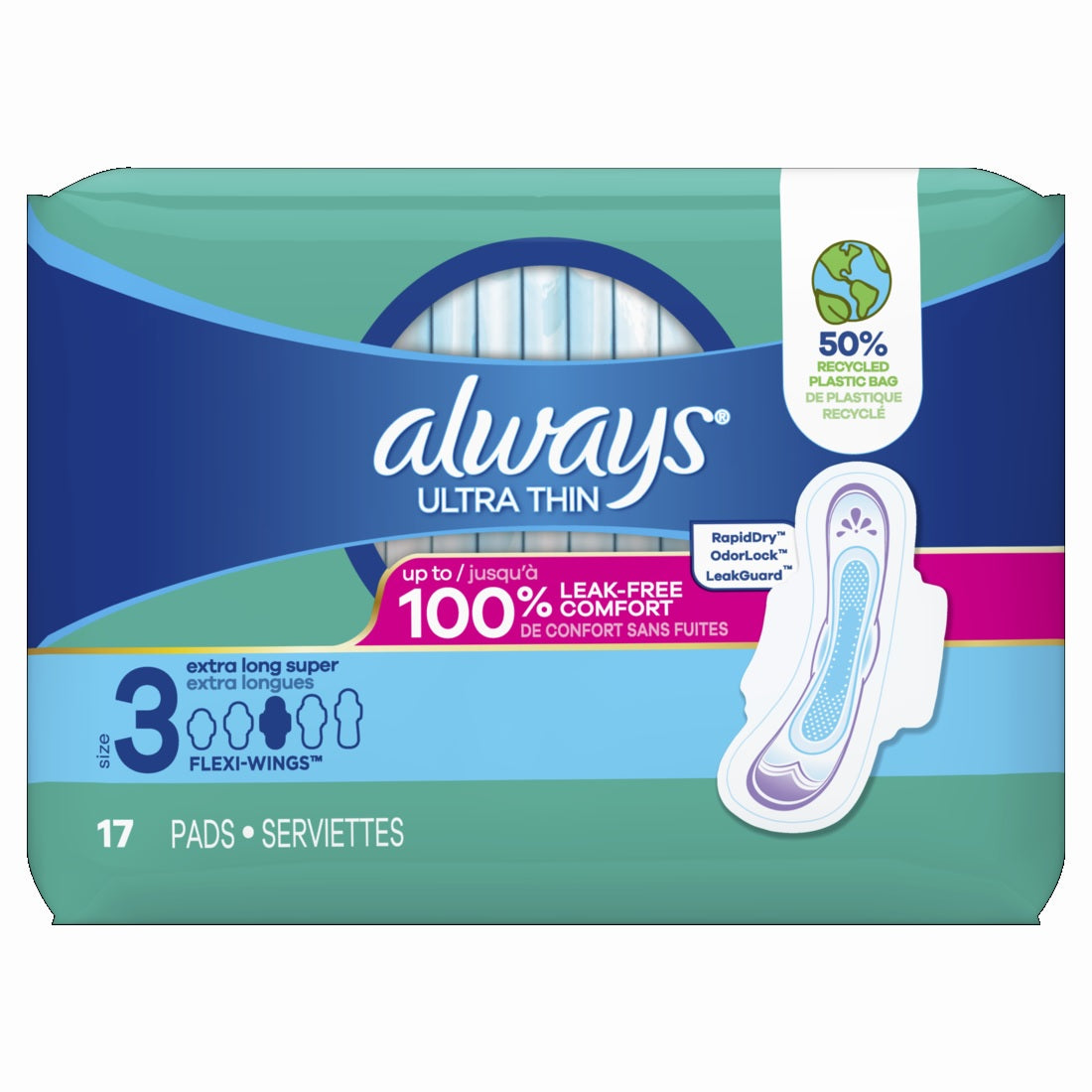Always Ultra Thin Pads with Flexi-Wings Size 3 Extra Long Super Unscented - 17ct/6pk