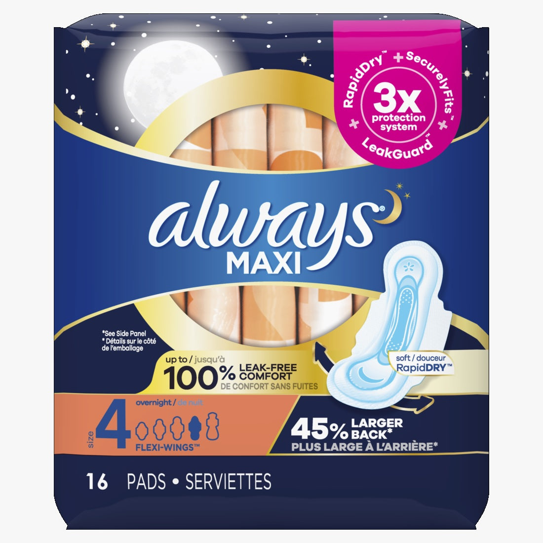 Always Maxi Overnight Pads with Wings Size 4 Overnight Unscented - 16ct/12pk