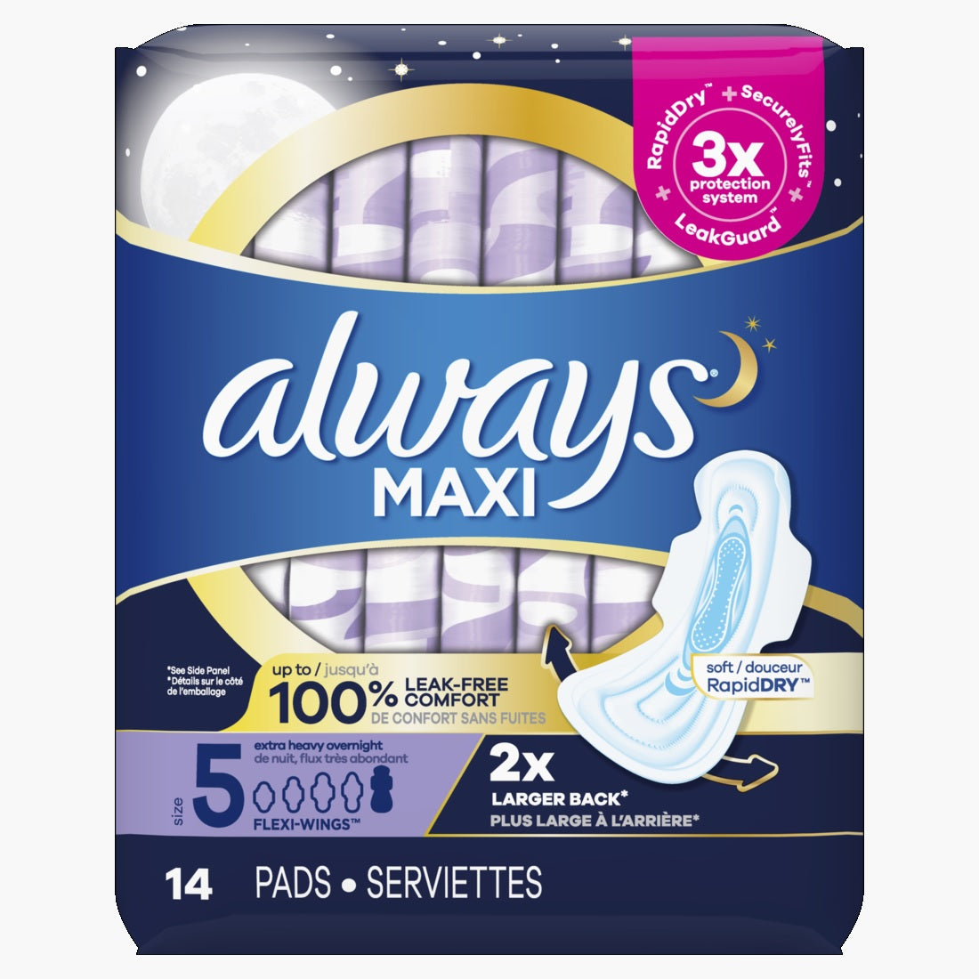 Always Maxi Overnight Pads with Wings Size 5 Extra Heavy Overnight Unscented - 14ct/3pk
