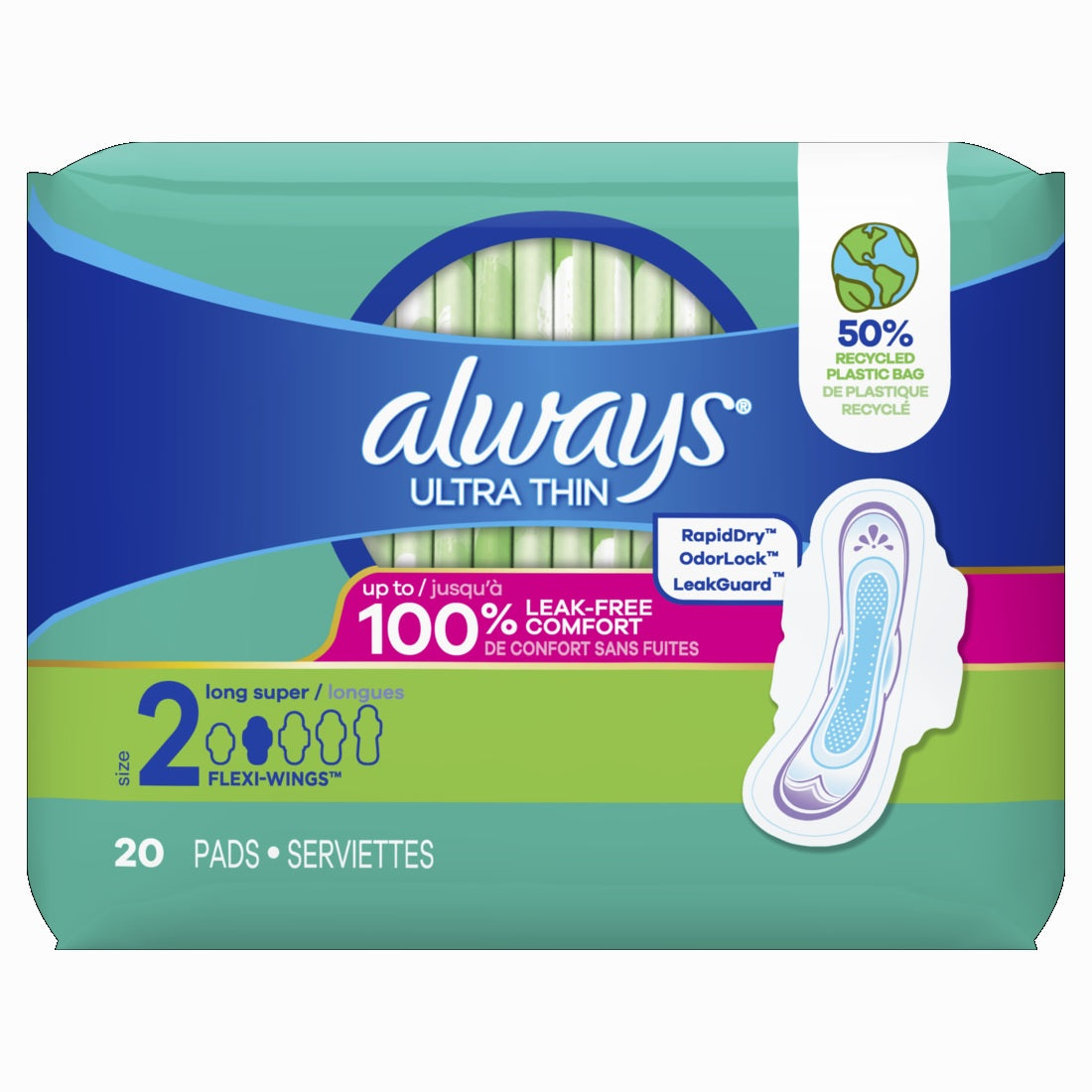 Always Ultra Thin Pads with Flexi-Wings Size 2 Long Super Unscented - 42ct/6pk