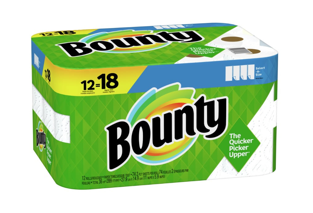 Bounty SAS Paper Towels White 12 Single Plus Rolls = 18 Regular Rolls 74-2ply Sheets - 12ct/1pk