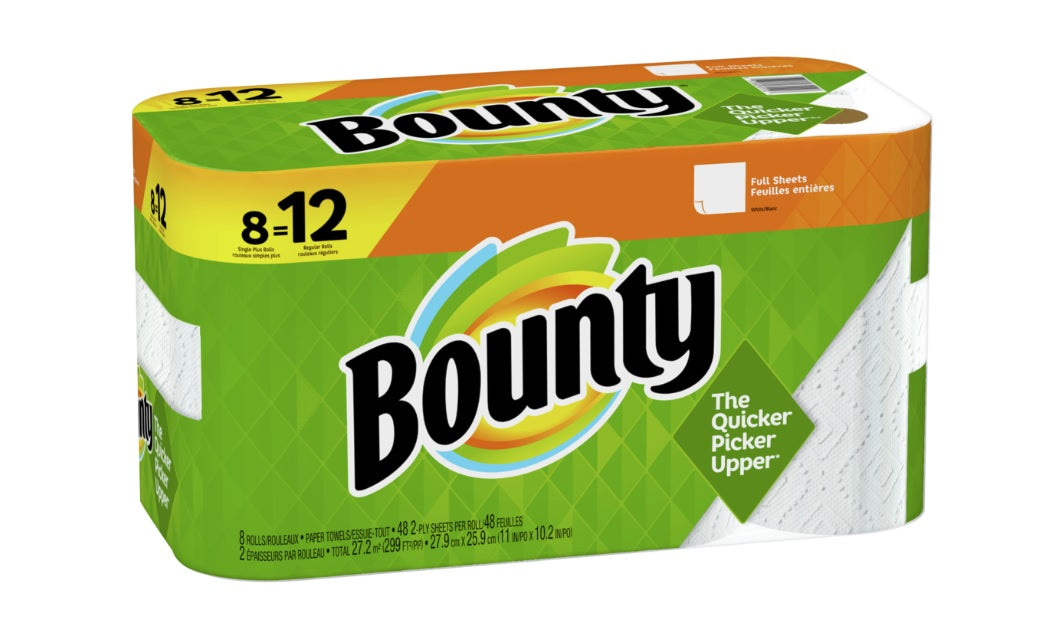 Bounty Paper Towels White 8 Single Plus Rolls = 12 Regular Rolls 48-2ply Sheets - 8ct/1pk