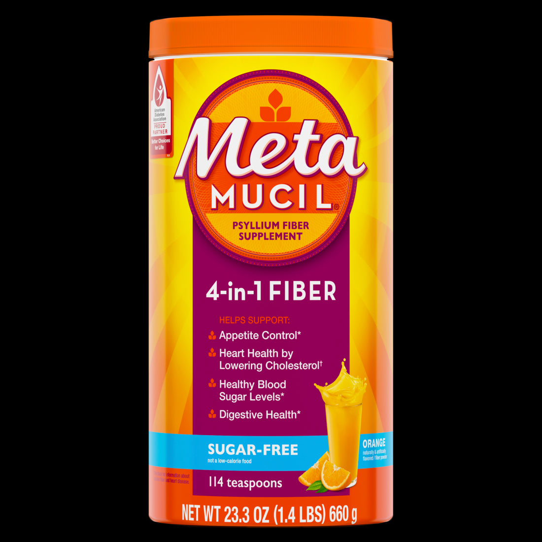 Metamucil Daily Psyllium Husk Powder Sugar-Free 4-in-1 Fiber for Digestive Health Orange Flavor - 23.3oz/4pk