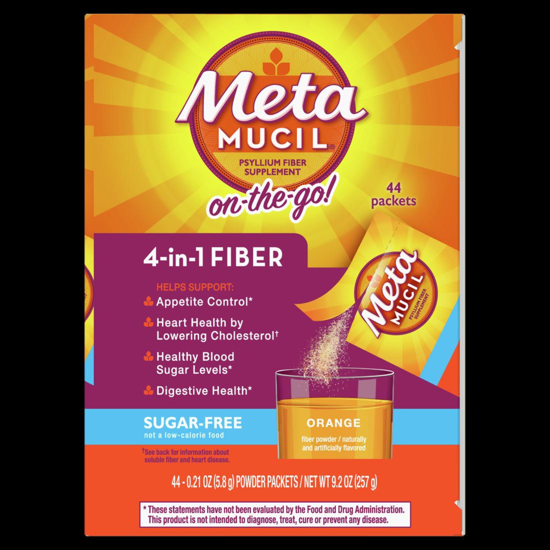 Metamucil Daily Fiber Supplement Psyllium Husk Fiber Powder Sugar Free Orange Flavor - 44ct/12pk