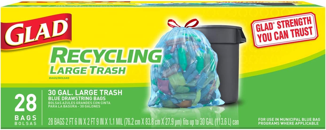 Glad Recycling Trash Drawstring Translucent Blue 30 Gallon 6/28ct