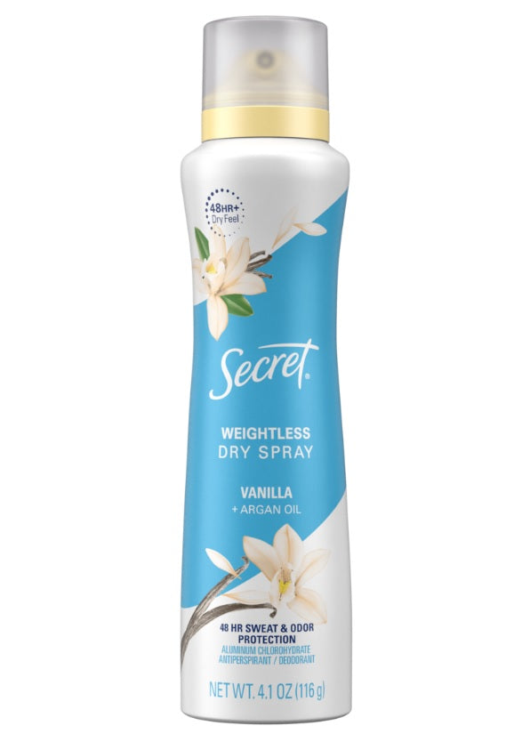 Secret Dry Spray Antiperspirant Deodorant Vanilla & Argan Oil - 4.1oz/12pk