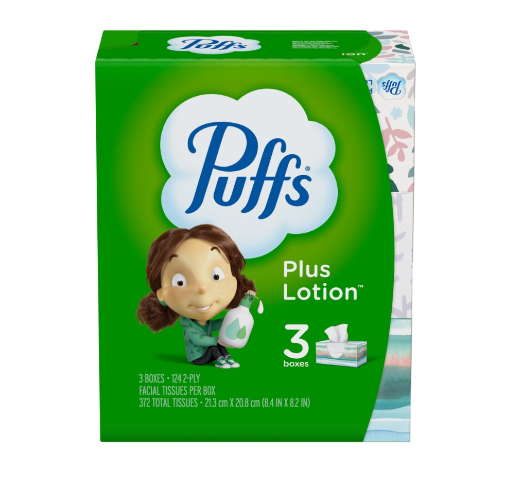 Puffs Plus Lotion Facial Tissues 3 Family Boxes - 124ct/8pk