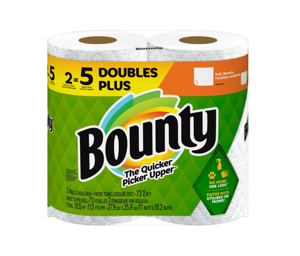 Bounty Full Sheet White Paper Towels 2 Double Plus Rolls = 5 Regular Rolls - 73ct/6pk