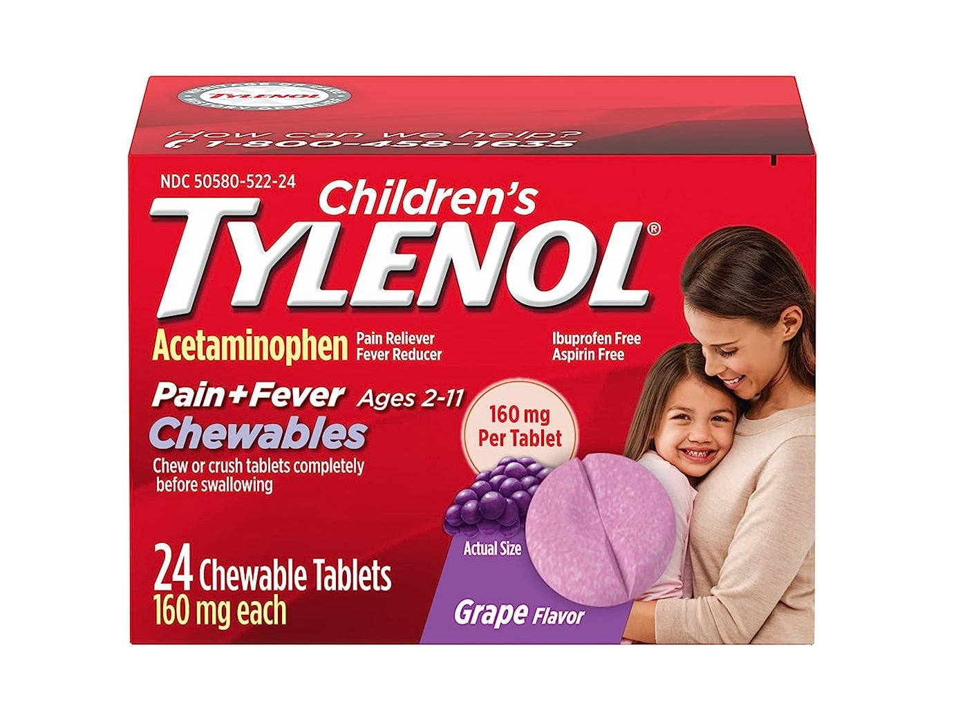 Children's TYLENOL Pain Reliever & Fever Reducer Ages 2-11 Years Chewable Tablets Grape Flavor - 24ct/3pk