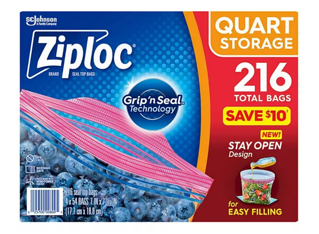 Ziploc Storage Quart Bags with New Stay Open Design - 216ct/1pk