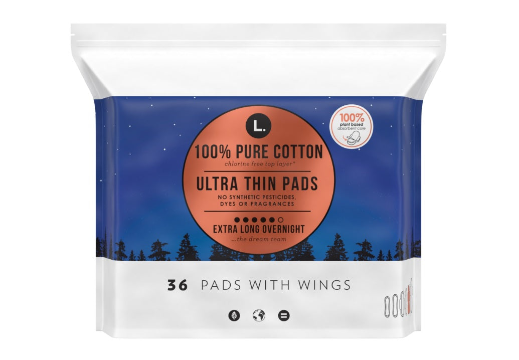 L. Ultra Thin Unscented Pads With Wings Overnight Absorbency 100% Pure Cotton - 36ct/6pk