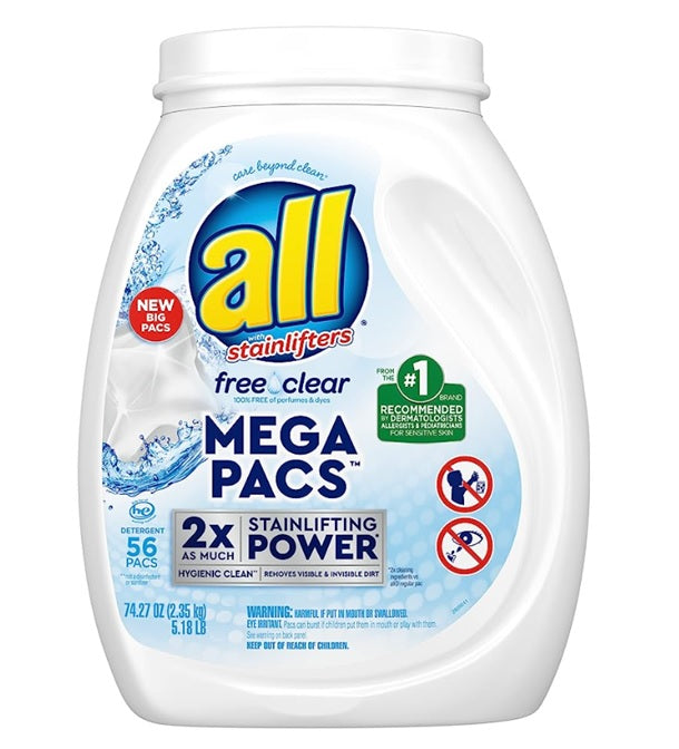 All Mega Pacs Laundry Detergent Pacs Free & Clear for Sensitive Skin - 56ct/4pk