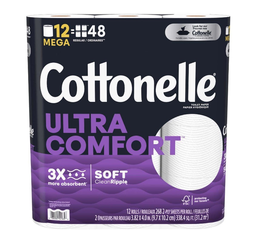 Cottonelle Ultra Comfort Toilet Paper Strong 268 2-Ply Sheets Mega Roll - 12ct/4pk