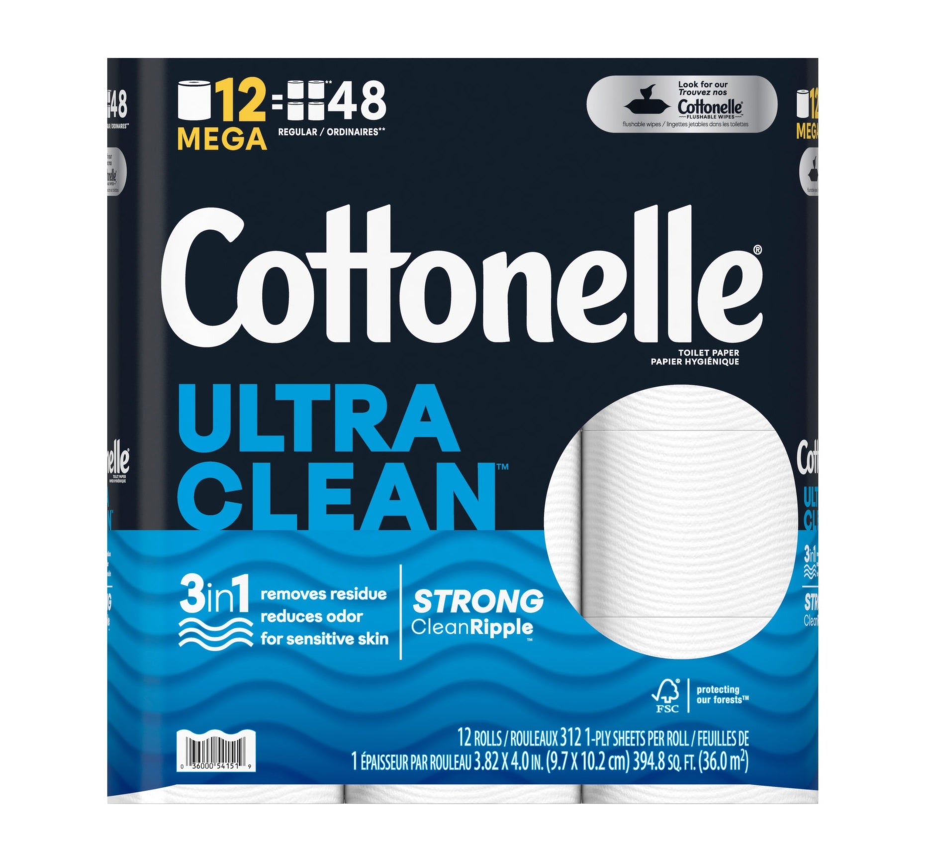 Cottonelle Ultra Clean Toilet Paper Strong 312 1-Ply Sheets Mega Roll - 12ct/4pk