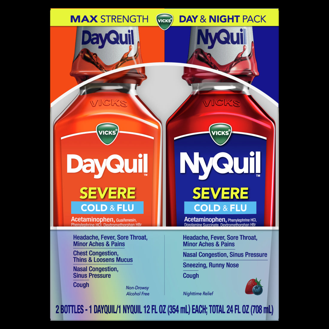 Vicks DayQuil and NyQuil SEVERE Cold & Flu Berry Liquid Medicine Max Strength Relief - 12oz/2ct/6cs