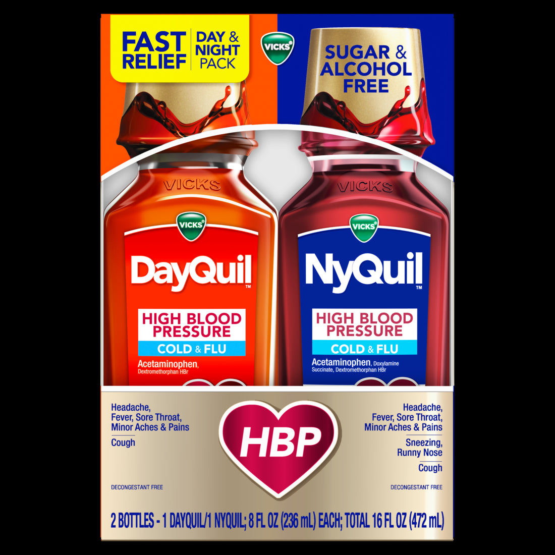 Vicks DayQuil and NyQuil High Blood Pressure Cold and Flu Relief Liquid Medicine Sugar & Alcohol Free Combo Pack - 8oz/3pk